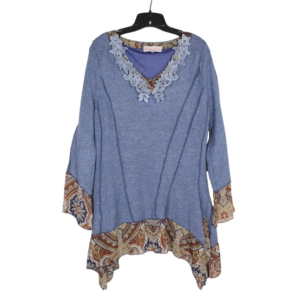 PRETTY ANGEL Blue LINEN BLEND Asymmetrical Hem LAGENLOOK Sweater TUNIC TOP XL